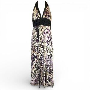 Halter Maxi Dress Empire Waist Y2K Abstract Animal Print Purple Black Large ✨